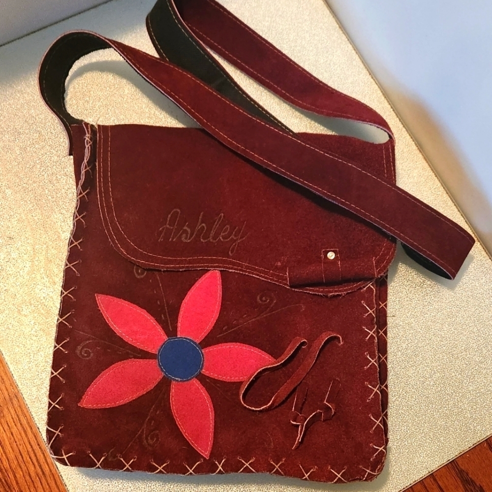 Brown suede personalized "Ashley" flowered satchel/cross body bag made in Mexico